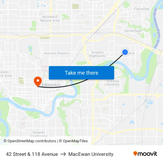 42 Street & 118 Avenue to MacEwan University map