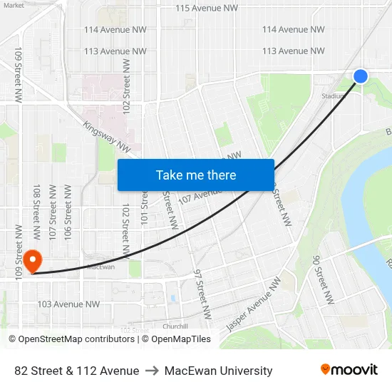82 Street & 112 Avenue to MacEwan University map