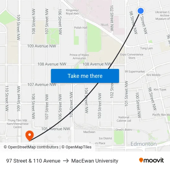 97 Street & 110 Avenue to MacEwan University map