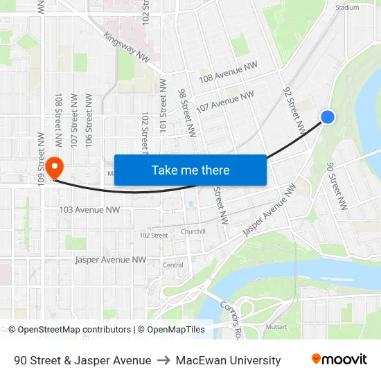 90 Street & Jasper Avenue to MacEwan University map
