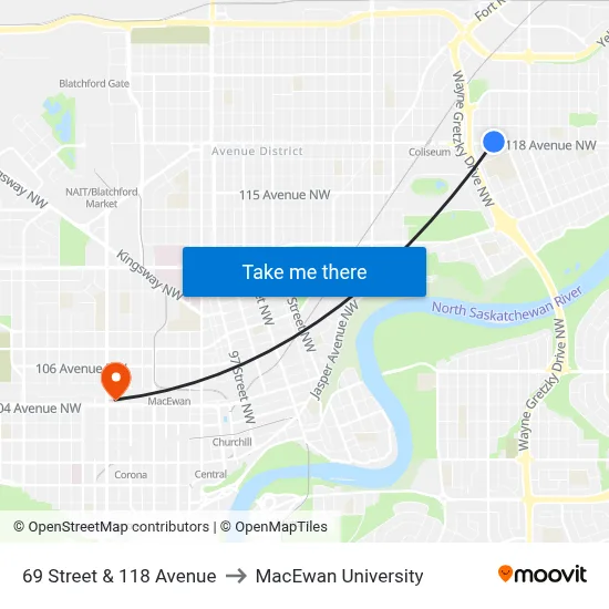 69 Street & 118 Avenue to MacEwan University map
