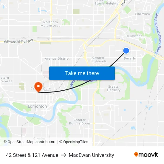 42 Street & 121 Avenue to MacEwan University map