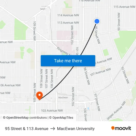 95 Street & 113 Avenue to MacEwan University map
