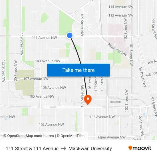 111 Street & 111 Avenue to MacEwan University map