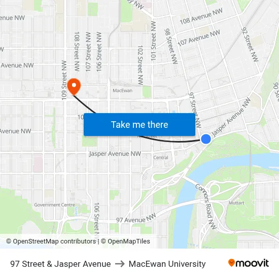 97 Street & Jasper Avenue to MacEwan University map