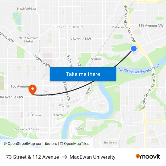 73 Street & 112 Avenue to MacEwan University map