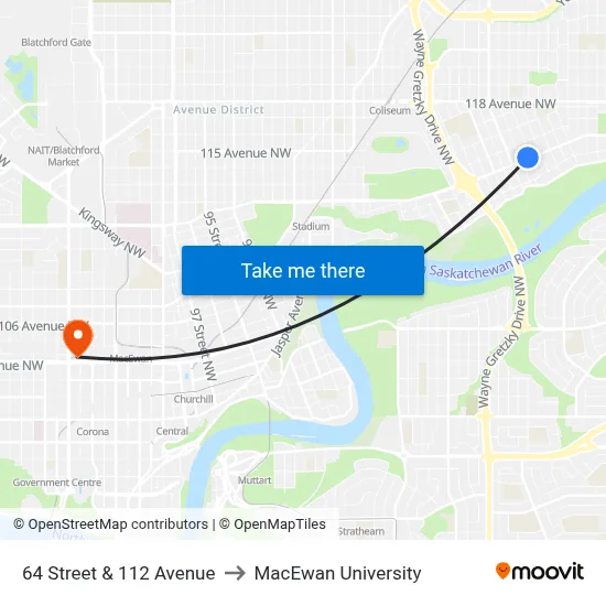 64 Street & 112 Avenue to MacEwan University map
