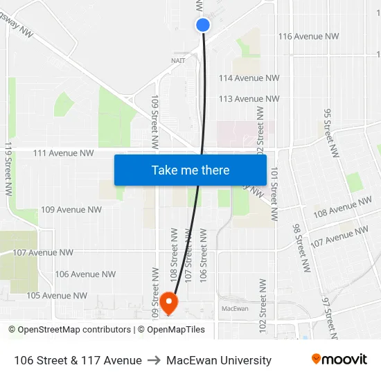 106 Street & 117 Avenue to MacEwan University map