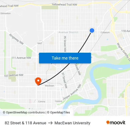 82 Street & 118 Avenue to MacEwan University map