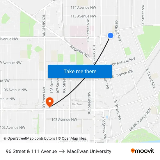96 Street & 111 Avenue to MacEwan University map