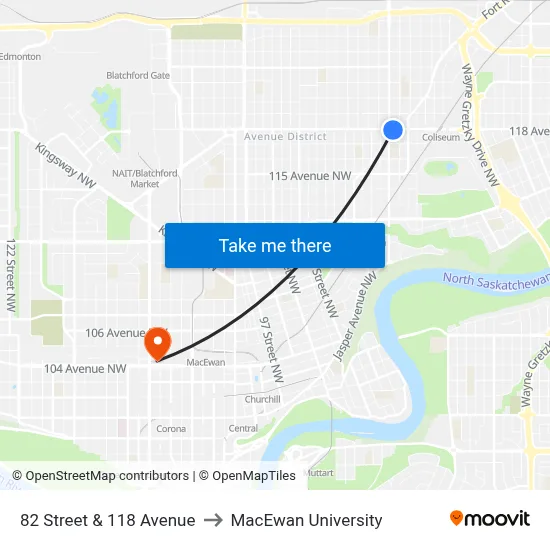 82 Street & 118 Avenue to MacEwan University map