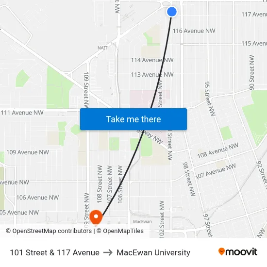 101 Street & 117 Avenue to MacEwan University map