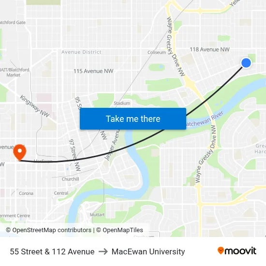 55 Street & 112 Avenue to MacEwan University map