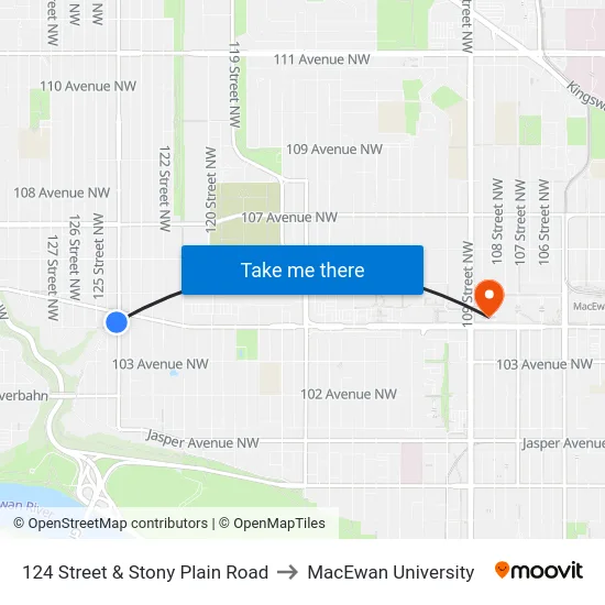 124 Street & Stony Plain Road to MacEwan University map