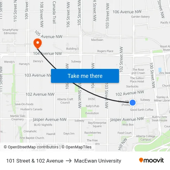 101 Street & 102  Avenue to MacEwan University map