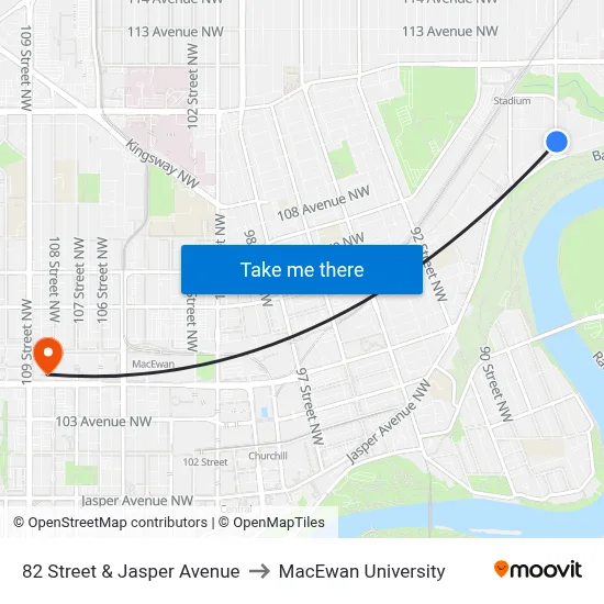 82 Street & Jasper Avenue to MacEwan University map