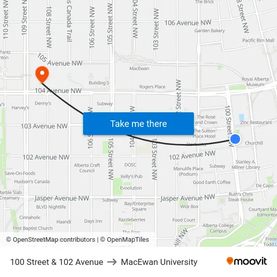 100 Street & 102 Avenue to MacEwan University map
