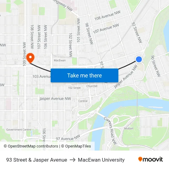 93 Street & Jasper Avenue to MacEwan University map