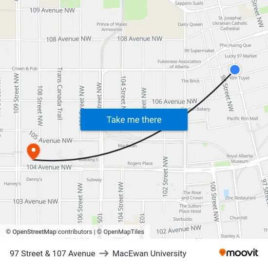 97 Street & 107 Avenue to MacEwan University map