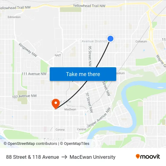 88 Street & 118 Avenue to MacEwan University map