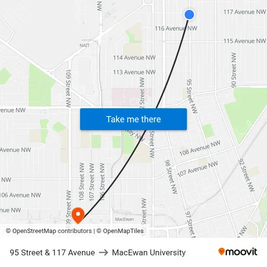 95 Street & 117 Avenue to MacEwan University map