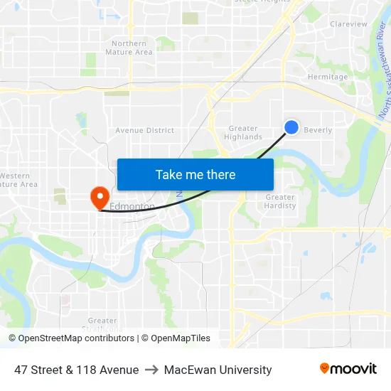 47 Street & 118 Avenue to MacEwan University map