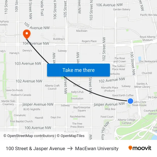 100 Street & Jasper Avenue to MacEwan University map