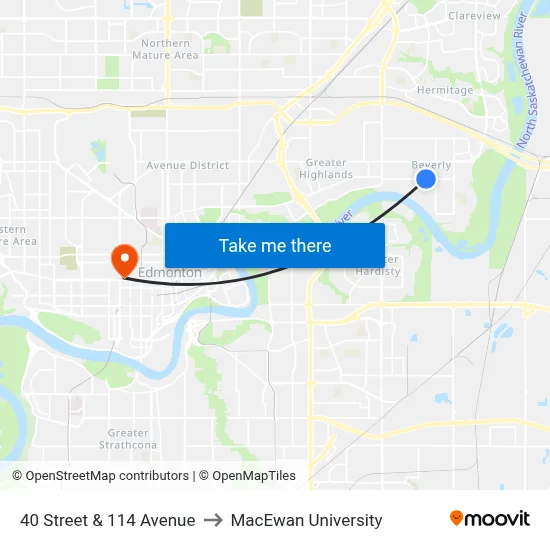 40 Street & 114 Avenue to MacEwan University map
