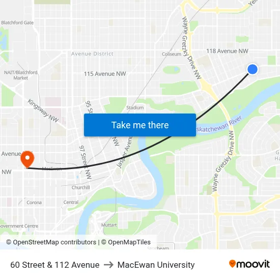60 Street & 112 Avenue to MacEwan University map