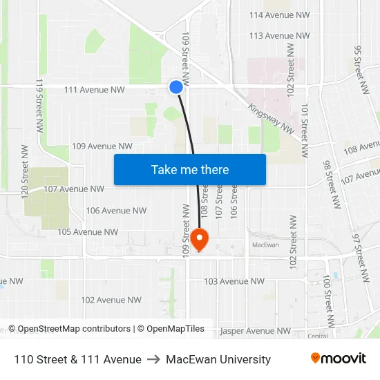 110 Street & 111 Avenue to MacEwan University map