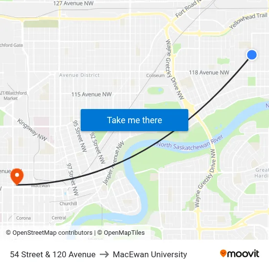 54 Street & 120 Avenue to MacEwan University map