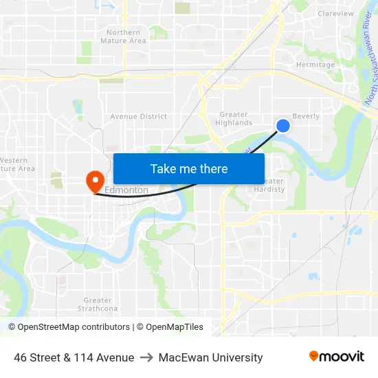46 Street & 114 Avenue to MacEwan University map