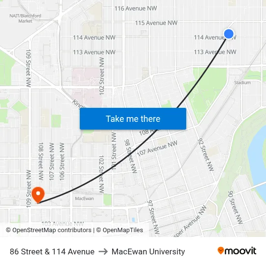 86 Street & 114 Avenue to MacEwan University map