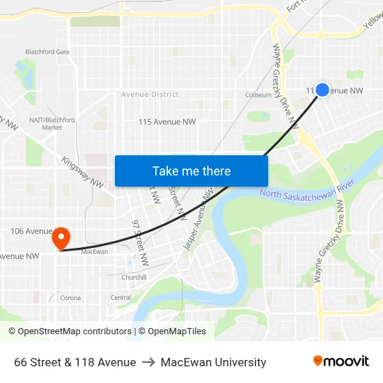 66 Street & 118 Avenue to MacEwan University map