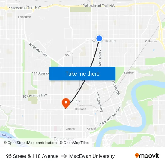 95 Street & 118 Avenue to MacEwan University map