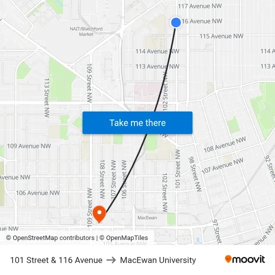 101 Street & 116 Avenue to MacEwan University map
