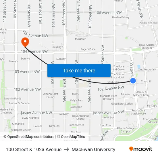 100 Street & 102a Avenue to MacEwan University map