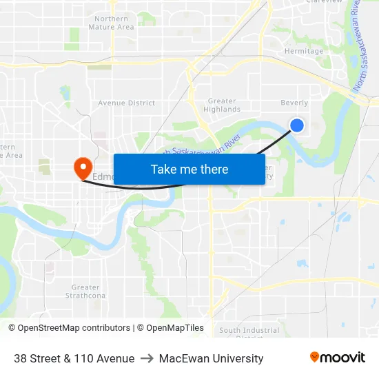 38 Street & 110 Avenue to MacEwan University map