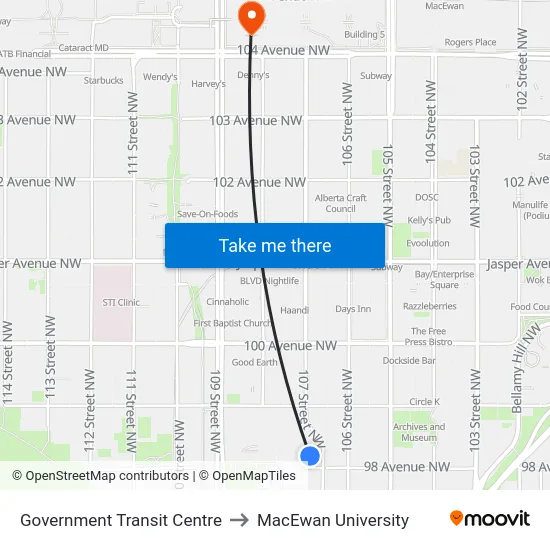 Government Transit Centre to MacEwan University map