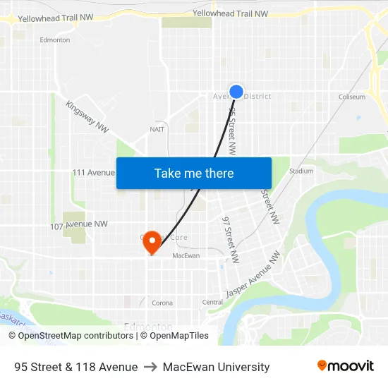 95 Street & 118 Avenue to MacEwan University map