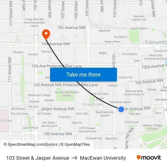 103 Street & Jasper Avenue to MacEwan University map