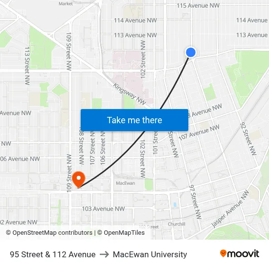 95 Street & 112 Avenue to MacEwan University map