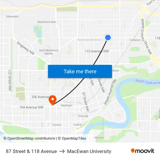 87 Street & 118 Avenue to MacEwan University map