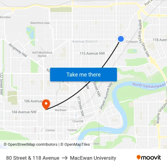80 Street & 118 Avenue to MacEwan University map