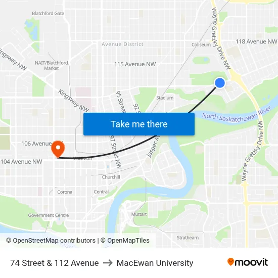 74 Street & 112 Avenue to MacEwan University map