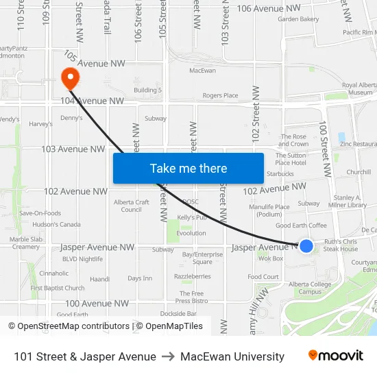 101 Street & Jasper Avenue to MacEwan University map
