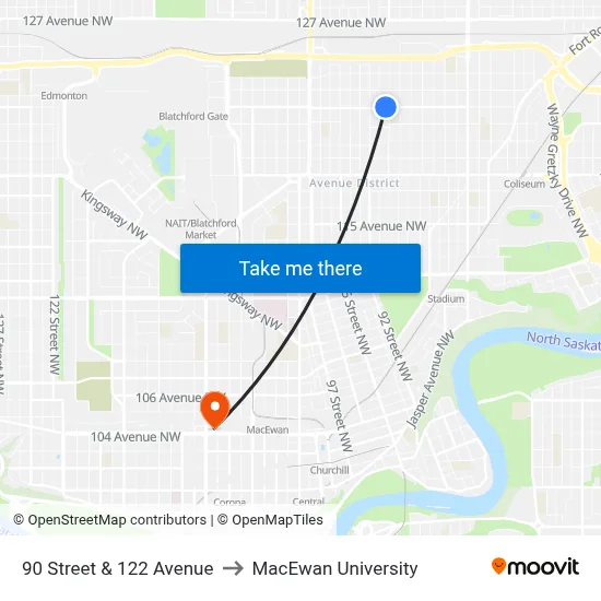 90 Street & 122 Avenue to MacEwan University map