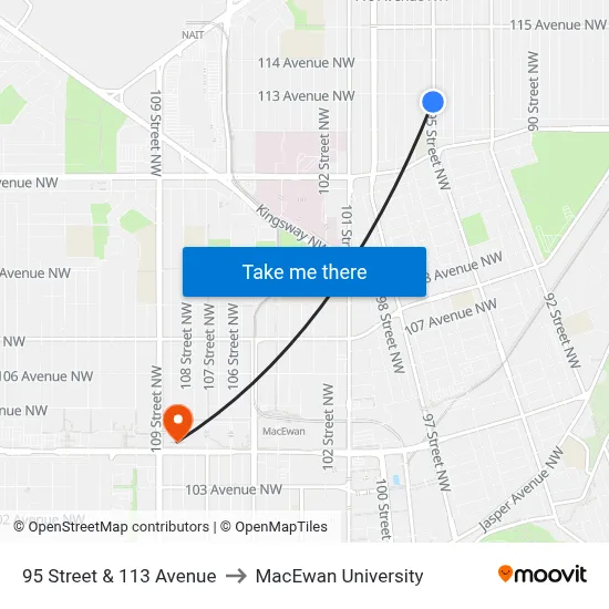 95 Street & 113 Avenue to MacEwan University map