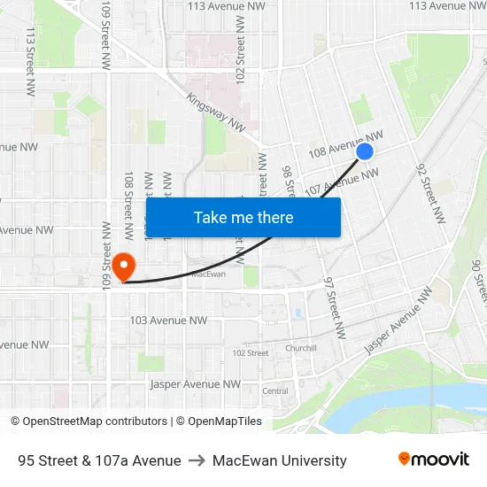 95 Street & 107a Avenue to MacEwan University map