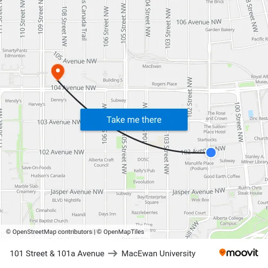 101 Street & 101a Avenue to MacEwan University map